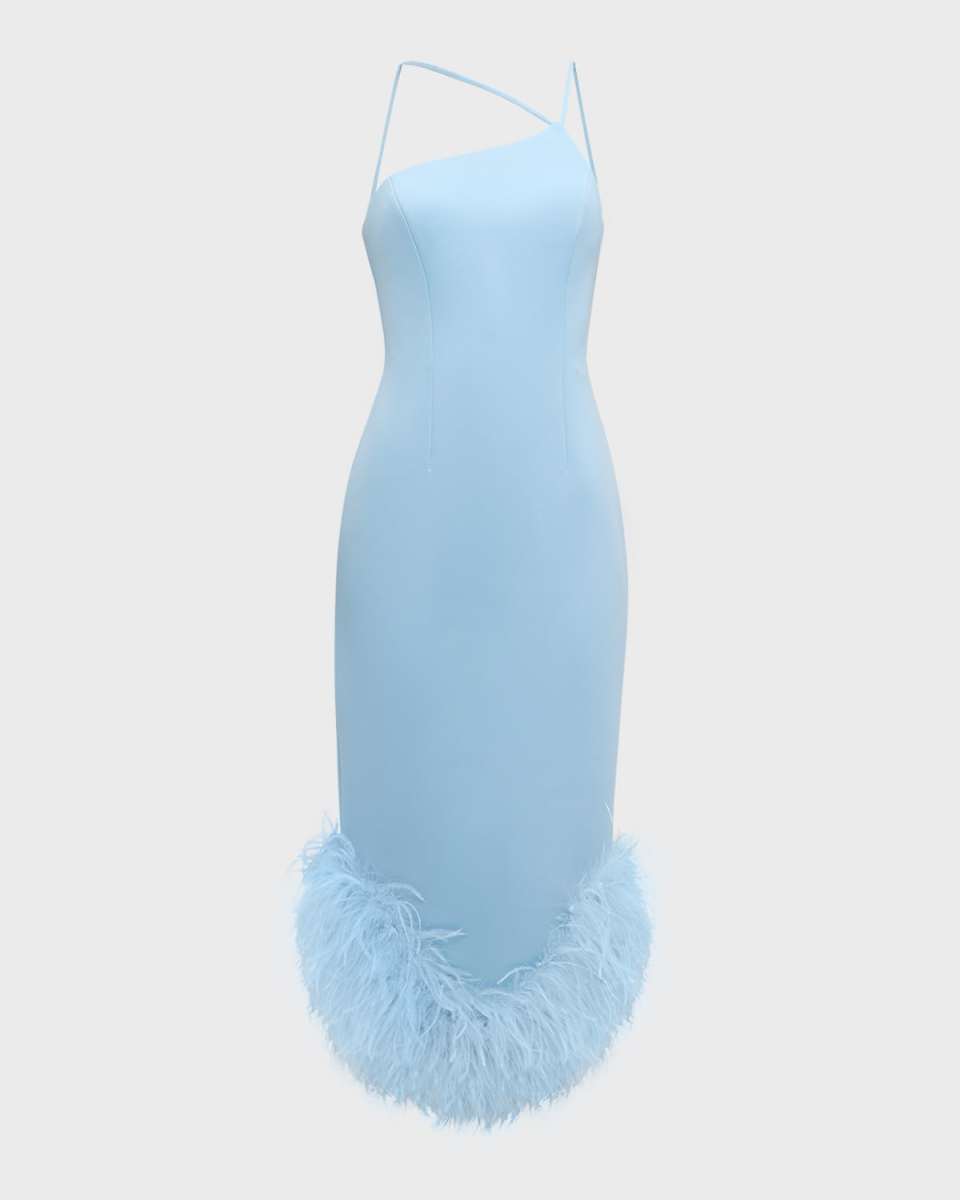 Sleeveless Asymmetric Feather-Trim Midi Dress